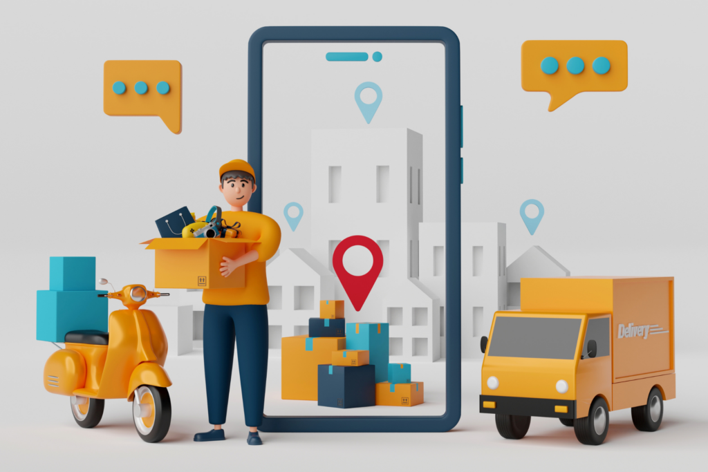E-commerce i Logistyka Miejska. Obrazek w formie zabawkowej. Motor, ciężarówka i dostawca paczek. W centrum telefon komórkowy symbolem celu. Na ostatnim planie makieta miasta