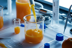 Naringinaza i Hesperetyna. Sprzęt laboratoryjny: próbówki i meznzurki z sokiem z pomarańczy