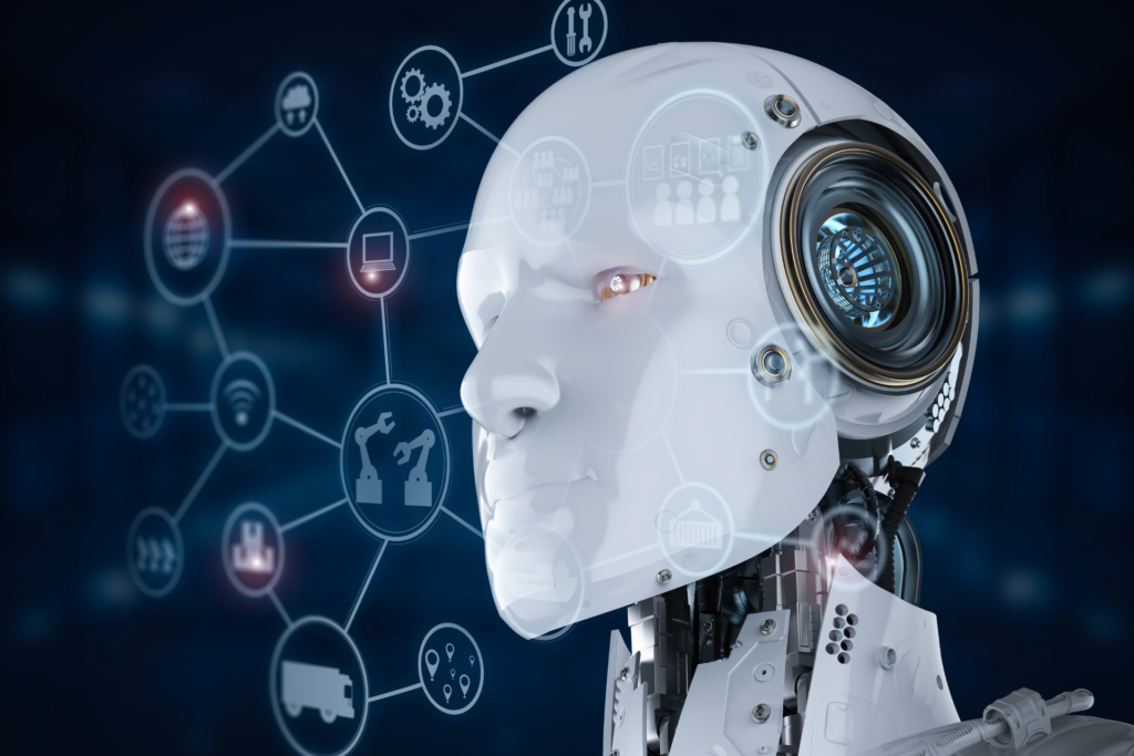 jak cybernetyka zmienia gospodarkę. Robot na ciemnym tle, w chmurze ikony przedstawiające gospodarkę