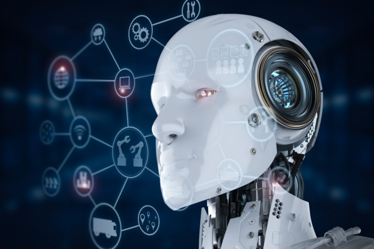 jak cybernetyka zmienia gospodarkę. Robot na ciemnym tle, w chmurze ikony przedstawiające gospodarkę