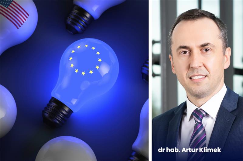 Europe stronger with America's stumbles. Image divided into two parts. On the left a picture of light bulbs. In the foreground a light bulb with the symbol of the European Union, in the distance a light bulb with the US flag. The right side of the image is a photo of the author of the interview and the inscription of Dr. Artur Klimek