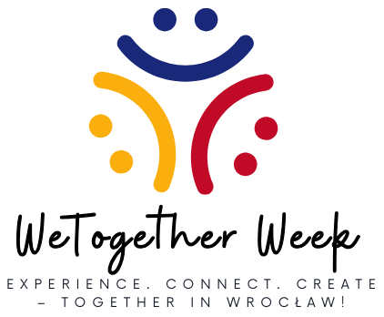 WeTogether Week logo featuring three smiling emoji arranged in a circle, colored navy blue, yellow, and burgundy. Tagline: "Experience. Connect. Create – Together in Wrocław."
