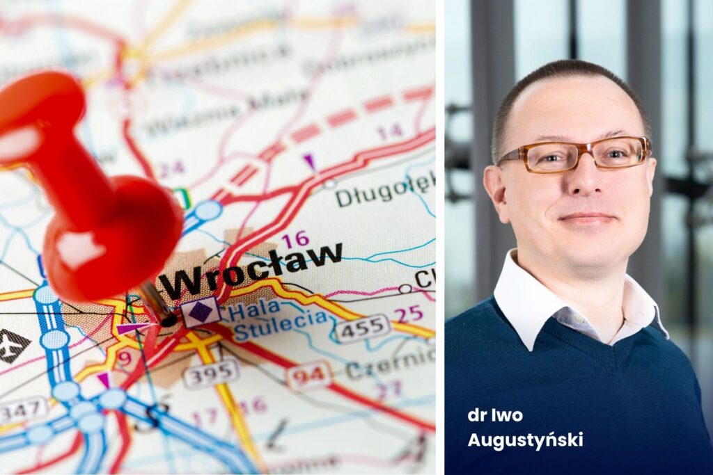 czy dolnośląscy pracodawcy poradzą sobie. Obrazek podzielony na dwie części. Po lewej fragment mapy Polski z wyróżnionym miastem Wrocław. Po lewej stronie zdjęcie autora wystąpienia medialnego. Podpis dr Iwo Augustyński