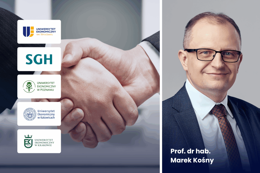 Zdjęcie Prof. M. Kośnego, obok zdjęcie uścisc dłoni i loga 4 uczelni ekonoicznych - UEW, SGH, UEP, UEK
