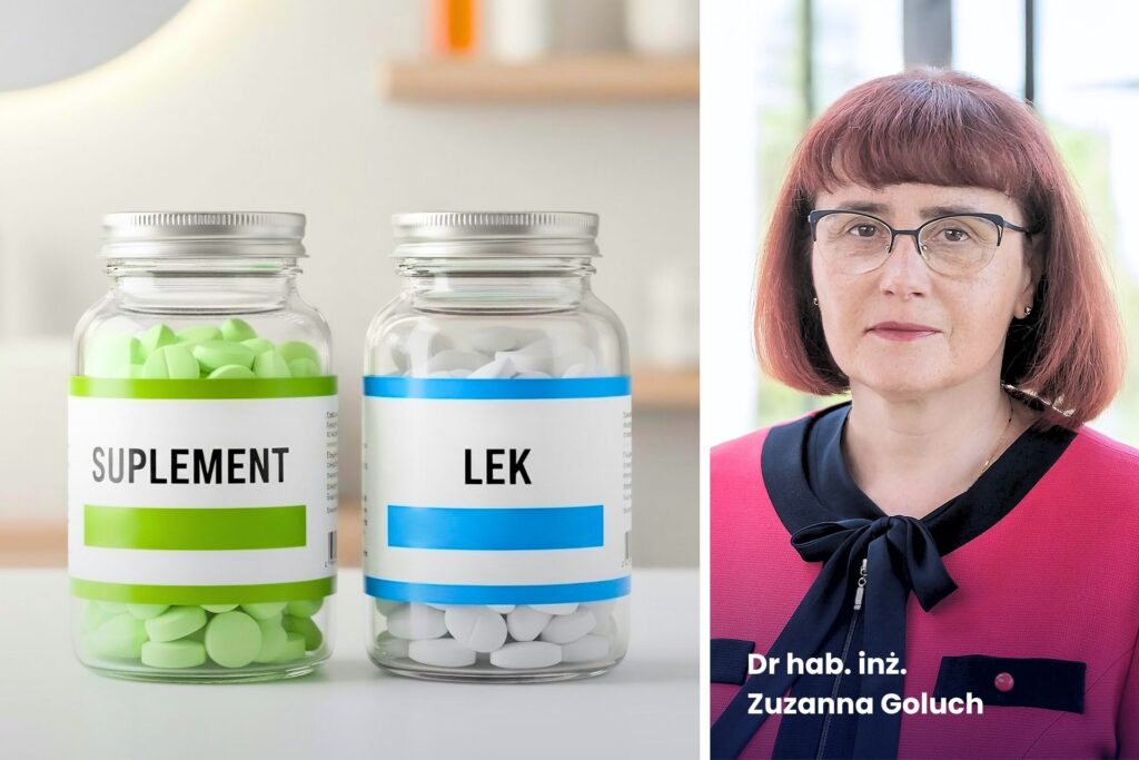 suplement czy lek? na obrazku po lewo butelka z tabletkami oznaczonymi suplement a po prawo butelka z tabletkami oznaczonymi jako lek. Po prawej stronie zdjęcie portretowe eksperta Zuzanny Goluch