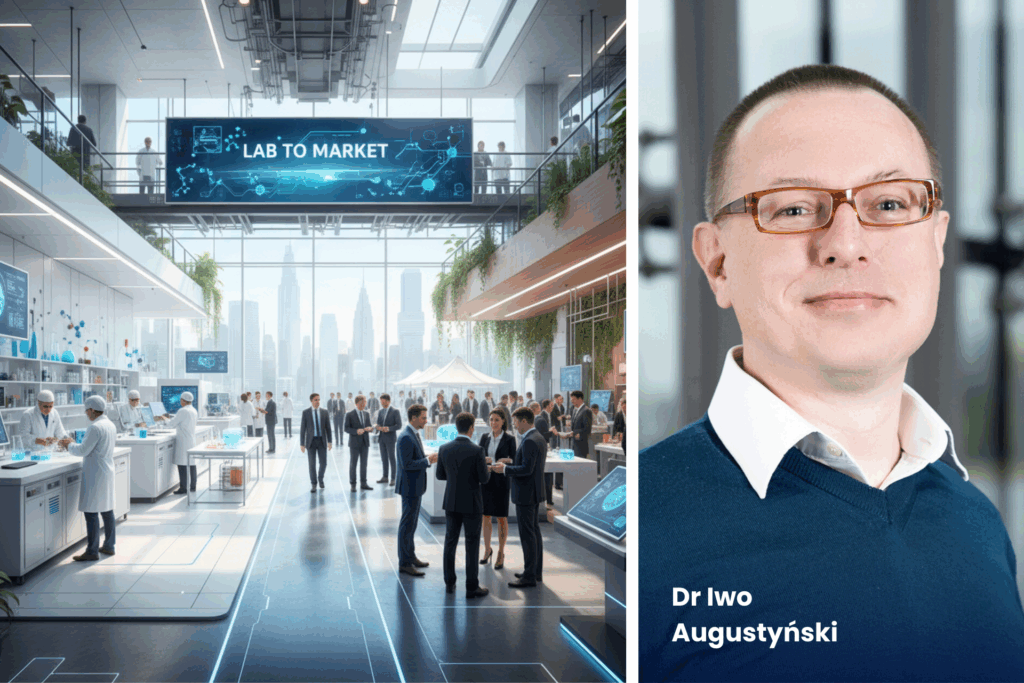 Grafika podzielona na pół. Z lewej strony laboratorium i naukowcy a z drugiej strony biznes , market, sprzedaż. Po prawej stronie zdjęcie dr Iwo Augustyński