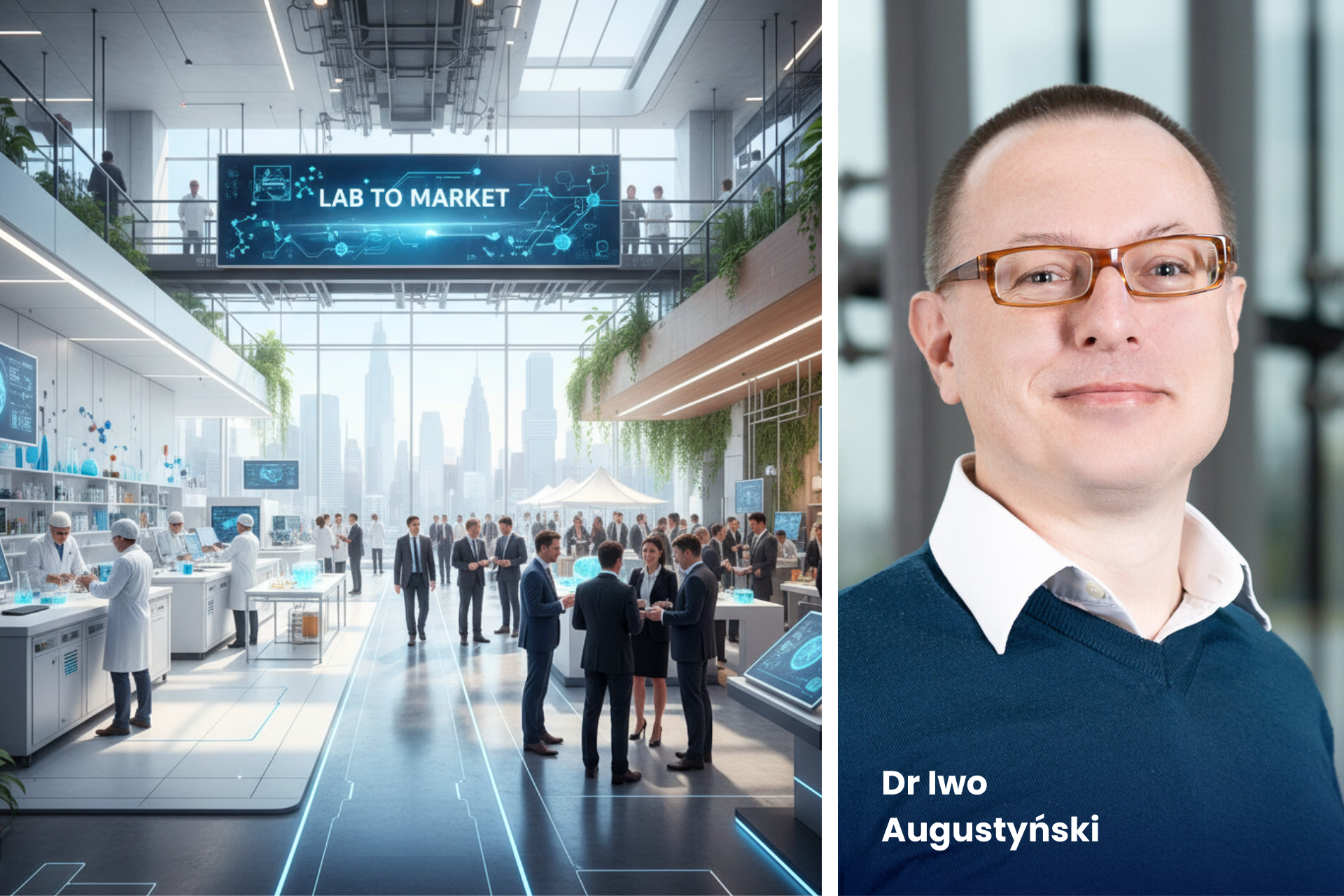 The graphic is divided in half. On the left side, there is a laboratory and scientists, and on the other side, there is business, the market, and sales. On the right side, there is a photo of Dr. Iwo Augustyński.
