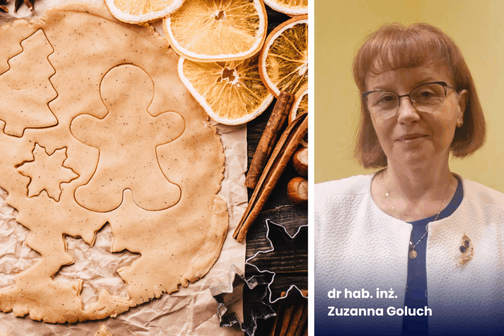 Obrazek dekoracyjny podzielony na dwie strony. Po prawej stronie zdjęcie dr hab. inż. Zuzanny Goluch. Po lewej zdjęcie wypieków świątecznych oraz cynamonu i pomarańczy