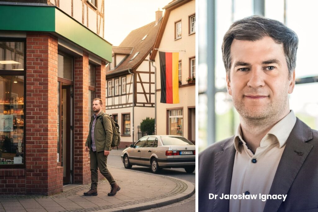 Po lewo zdjęcie sklepu żabka w niemczech. po prawo zdjęcie Jarosława Ignacy