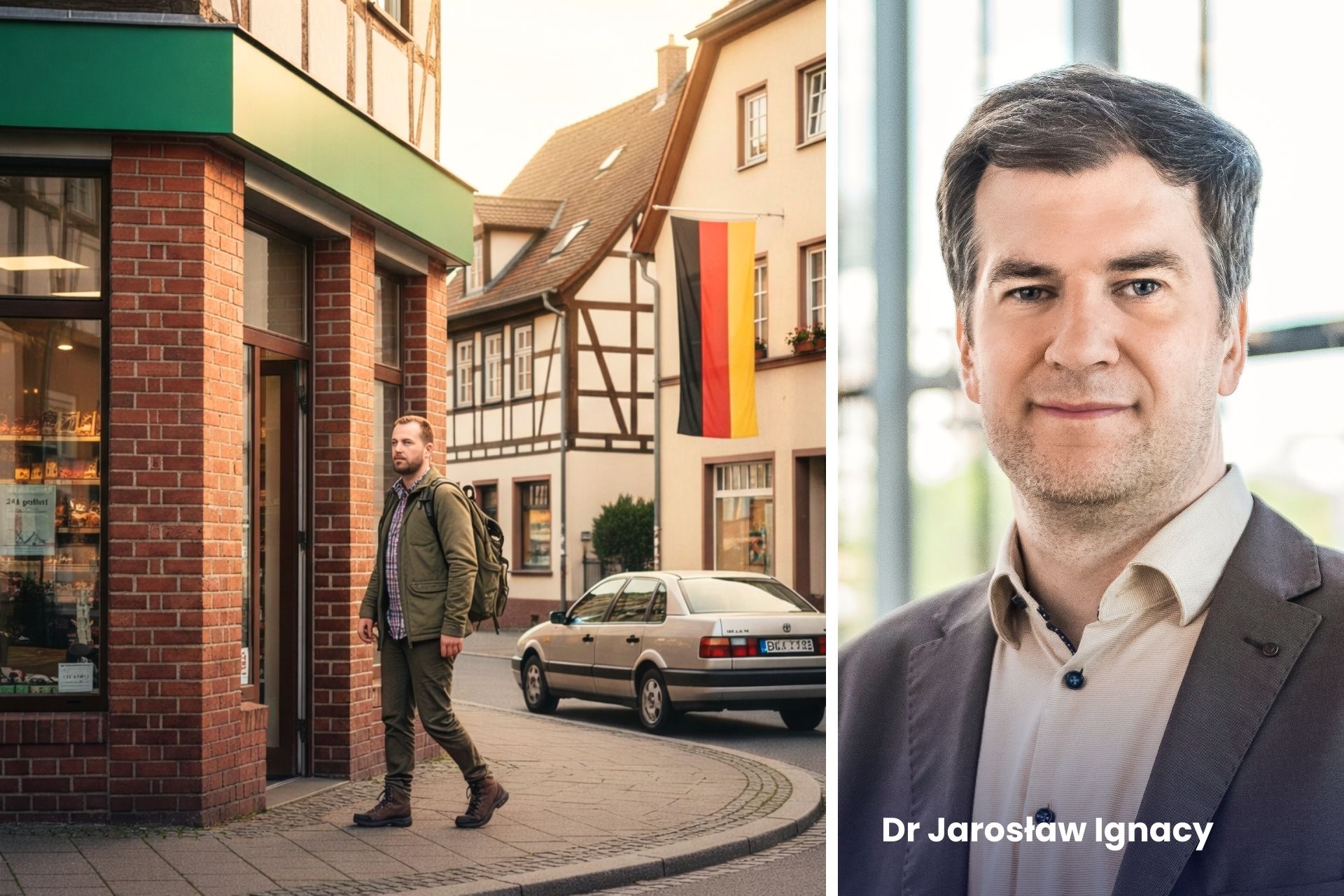 On the left, a photo of a Żabka store in Germany. On the right, a photo of Jarosław Ignacy.