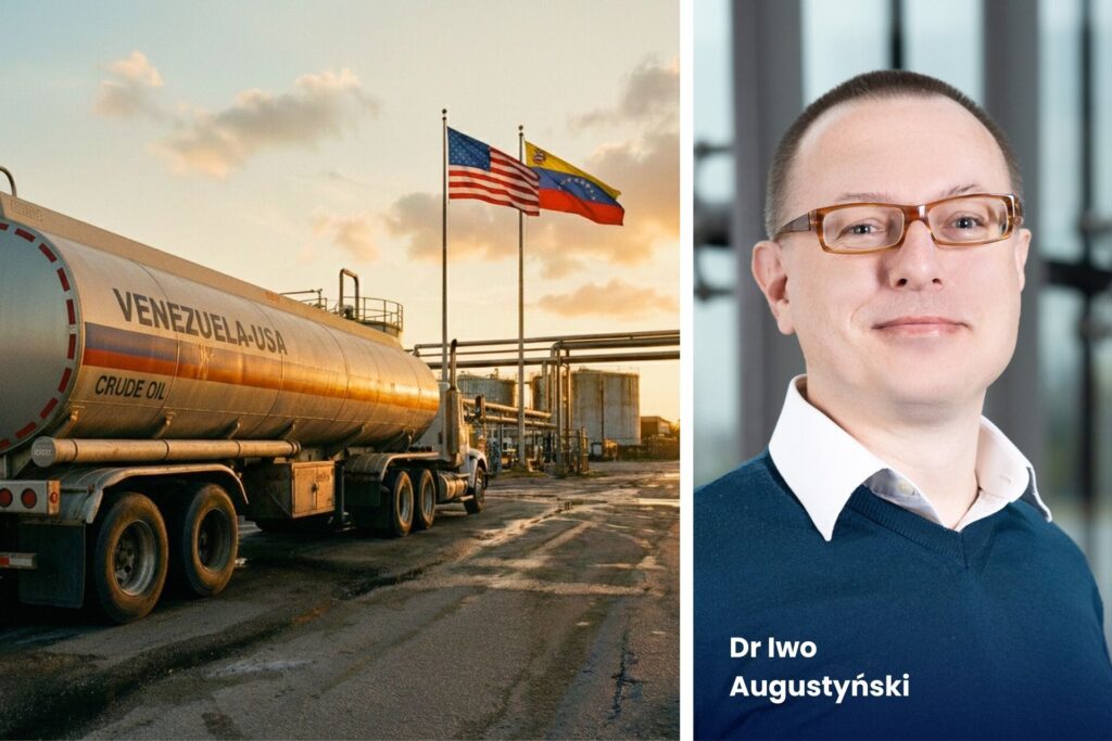Po lewej cysterna z ropą w Wenezueli a za nią flaga USA i Wenezueli. Po prawo zdjęcie Iwo Augustyński