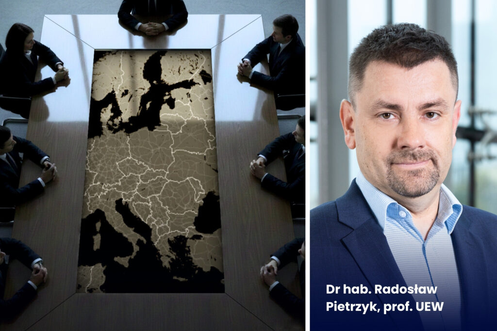 Photo of Dr Radosław Pietrzyk, next to a photograph of a table with people sitting around it