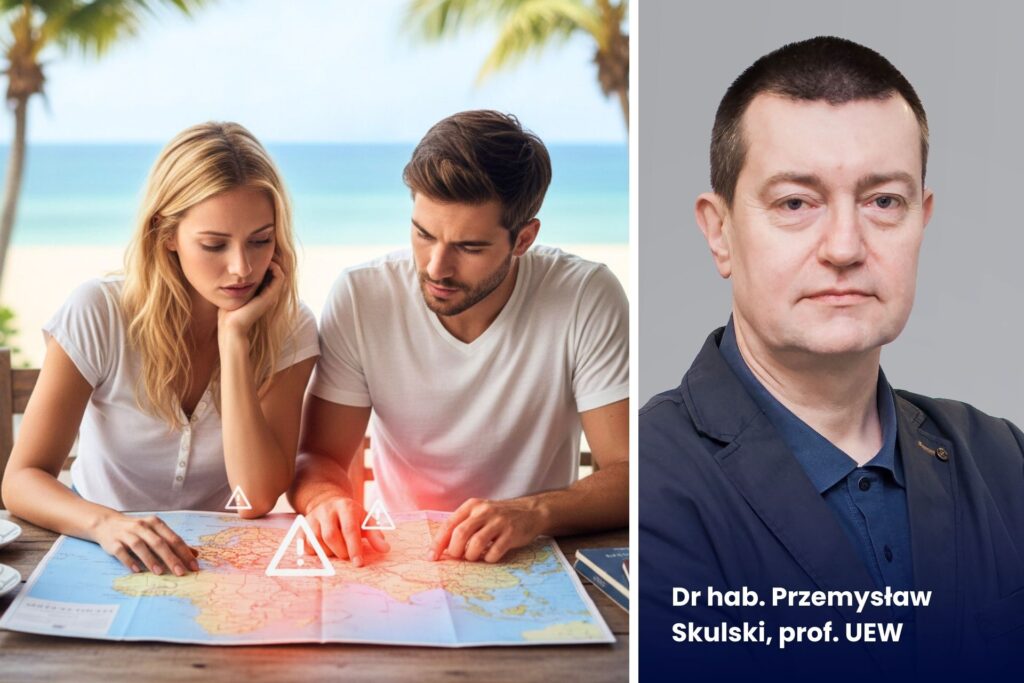 Zdjęcie przedstawia dr hab. Przemysława Skulskiego z UEW, po lewej fotografia pary na wakacjach
