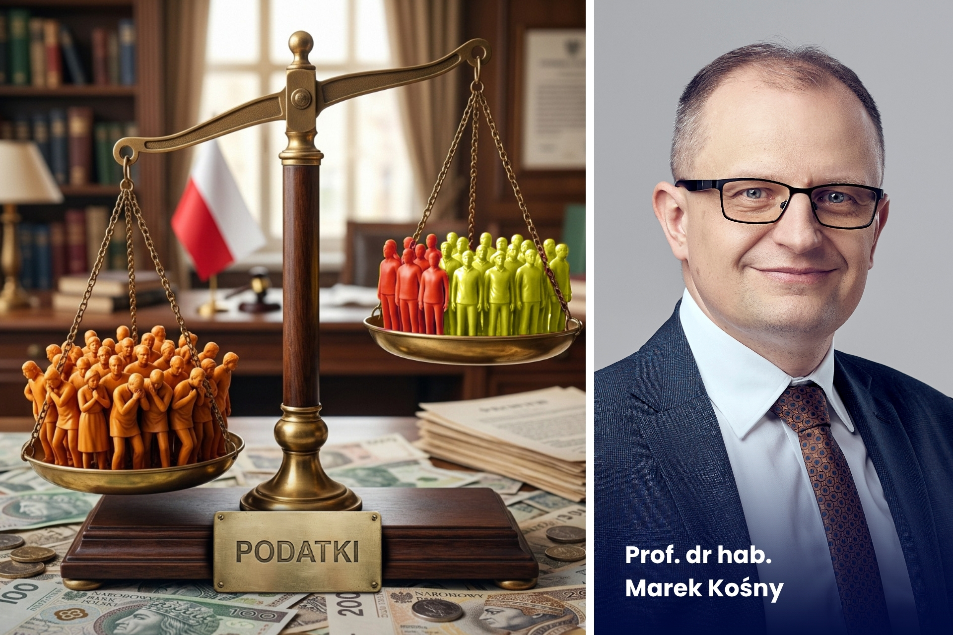 On the right is a photo of Professor Marek Kośny, while on the left is a scale labeled “taxes.” The left pan contains orange figures, and the right pan contains red and yellow figures. The illustration symbolically represents the middle class, which bears the heaviest tax burden.