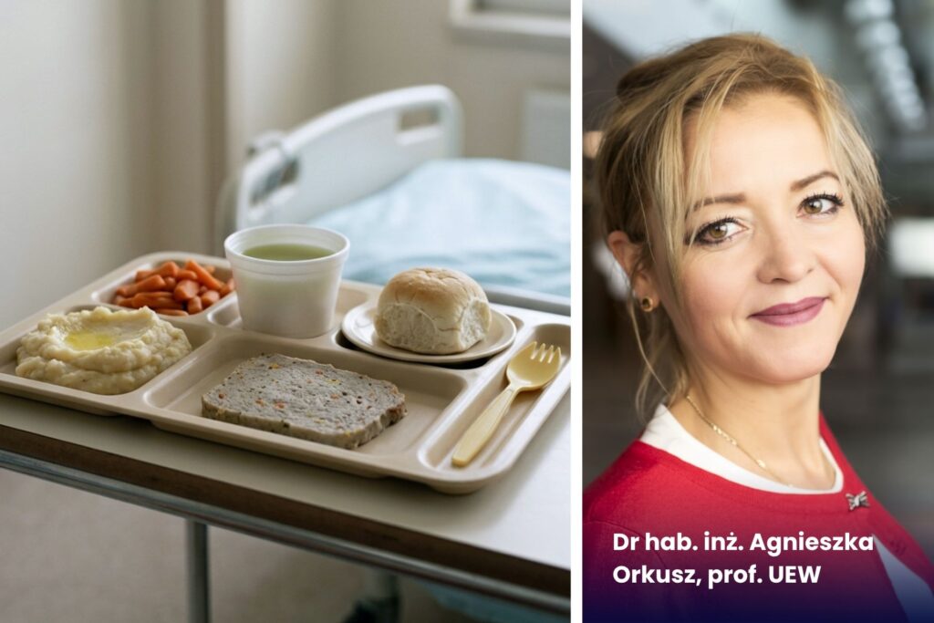 po prawo zdjęcie Agnieszki Orkusz. Po lewo zdjęcie szpitalnego obiadu