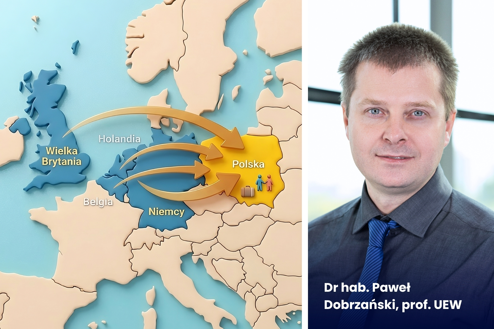 po prawo zdjęcie Pawła Dobrzańskiego. Po lewo mapa europy z zaznaczonymi krajami: Wielka Brytania, Belgia, Holandia i Niemcy od nich są strzałki pokazujące powrót Polaków do Polski.
