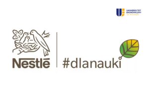 Obrazek dekoracyjny. Na białym tle logo UEW. Logo Nestle oraz napis #dla nauki