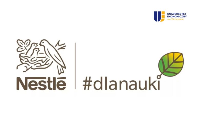 Obrazek dekoracyjny. Na białym tle logo UEW. Logo Nestle oraz napis #dla nauki