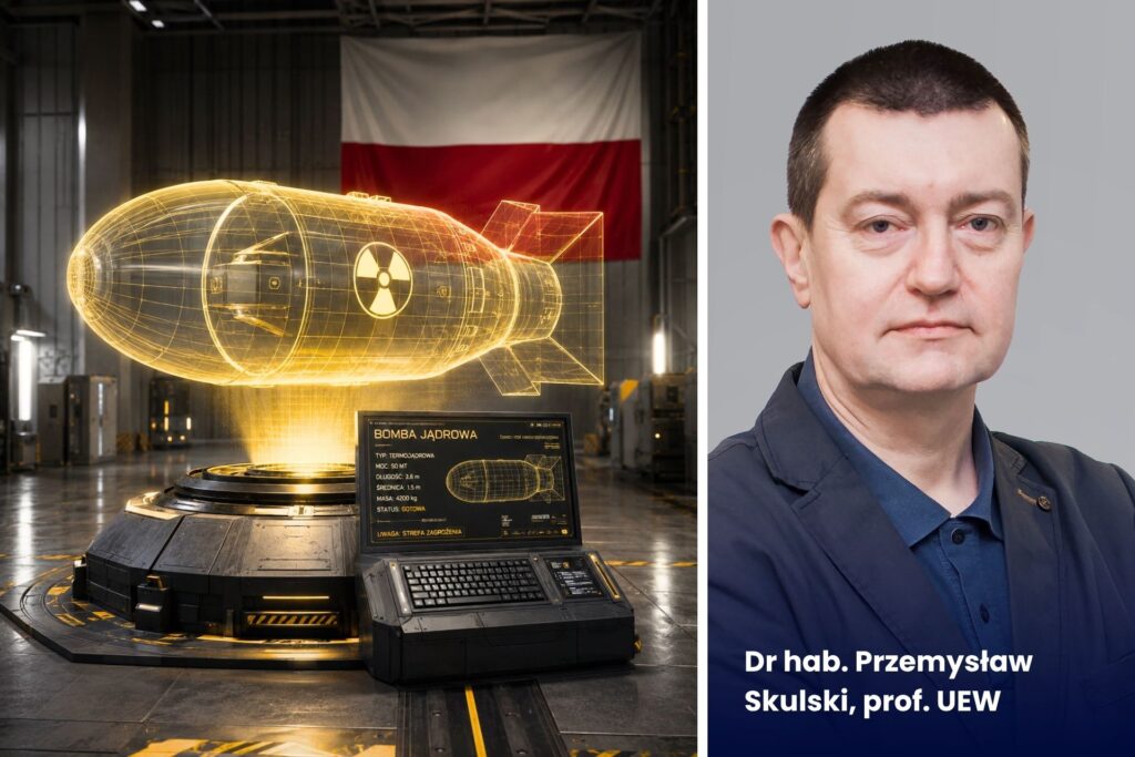 Obrazek dekoracyjny. Po prawej zdjęcie i podpis dr hab. Przemysław Skulski. Po lewej wygenerowany przez AI obrazek z bronią jądrową