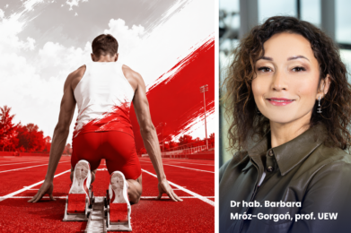 Obrazek dekoracyjny. Po prawej stronie zdjęcie oraz podpis dr hab. Barbara Mróz-Gorgoń, prof. UEW. Po lewej wygenerowany przez AI sportowiec w barwach flagi narodowej