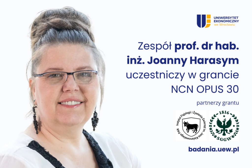 Obrazek dekoracyjny. Po prawej stronie napis Zespół prof. dr hab. Joanny Harasym uczestniczy w grancie NCN OPUS 30. Poniżej logo SGGW, IFZZ PAN. Po lewej stronie zdjęcie prof. Harasym