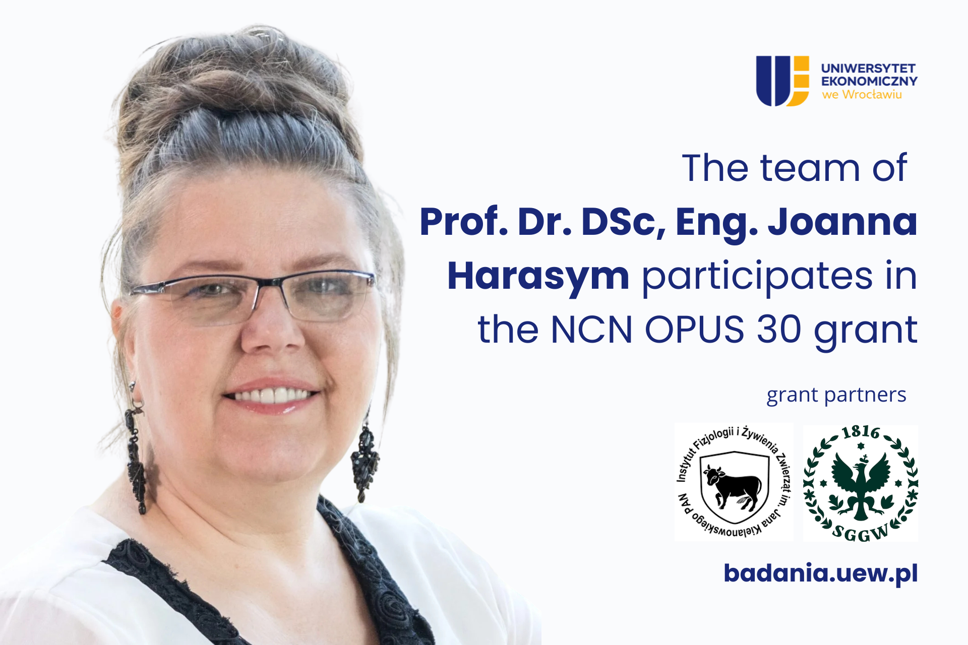 A decorative image. On the right, the inscription "Prof. Dr. hab. Joanna Harasym's team participates in the NCN OPUS 30 grant." Below, the logos of the Warsaw University of Life Sciences (SGGW) and the Institute of Geophysics of the Polish Academy of Sciences (IFZZ PAN). On the left, a photo of Prof. Harasym.