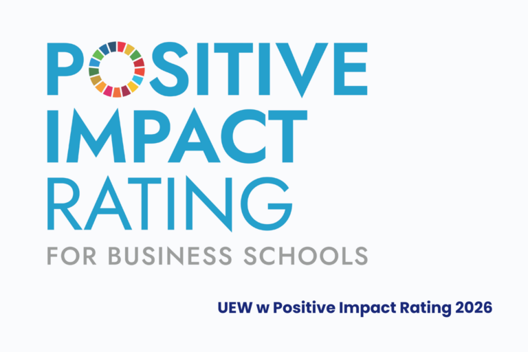 Obrazek dekoracyjny. Napis Positive Impact Rating fo busineess schools. UEW w Positive Impact Rating 2026