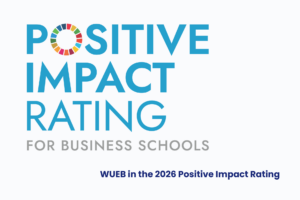 Decorative image. Text: "Positive Impact Rating for Business Schools." UEW in the Positive Impact Rating 2026.