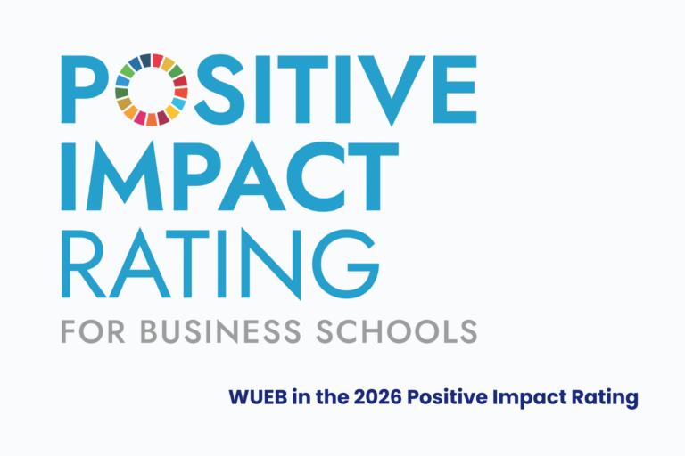 Decorative image. Text: "Positive Impact Rating for Business Schools." UEW in the Positive Impact Rating 2026.