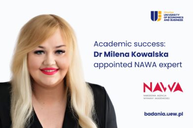 Decorative image. On the left, a photograph of Milena Kowalska. On the right, the logos of WUEB and NAWA (the Polish National Agency for Academic Exchange), along with the text: “Dr Milena Kowalska Appointed Expert of the Polish National Agency for Academic Exchange.”