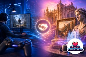 Obrazek dekoracyjny. Po lewej stronie wnętrze firmy tworzącej gry. Mężczyzna siedzi przed komputerem. Na ekranie tworzenie gry. Z prawej strony widok zabytku oraz obrazu i rzeźby jako symboli kultury. Po środku ikona z symbolem podających sobie rąk. W prawym dolnym rogu logo GAMEHEARTS.