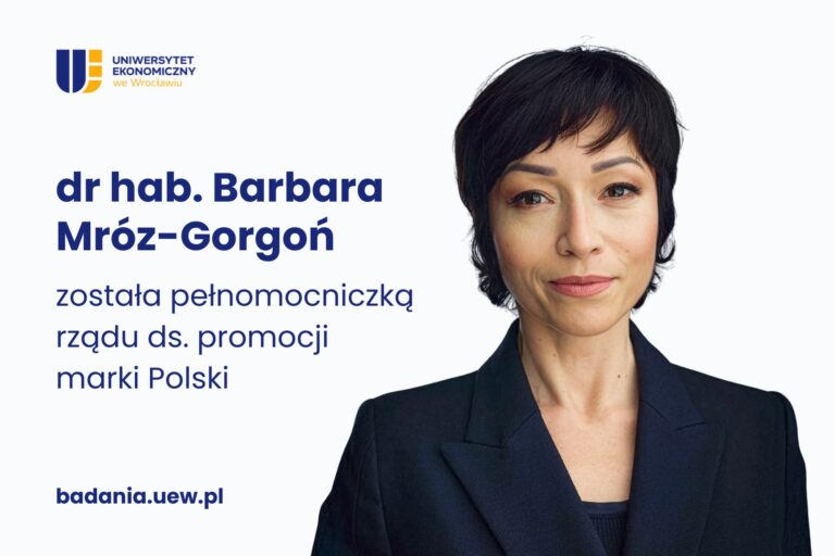 Obrazek dekoracyjny. Po lewej stronie logo UEW oraz napis: dr hab. Barbara Mróz-Gorgoń została pełnomocniczką rządu ds. promocji marki Polski. Po prawej stronie zdjęcie P. Mróz-Gorgoń