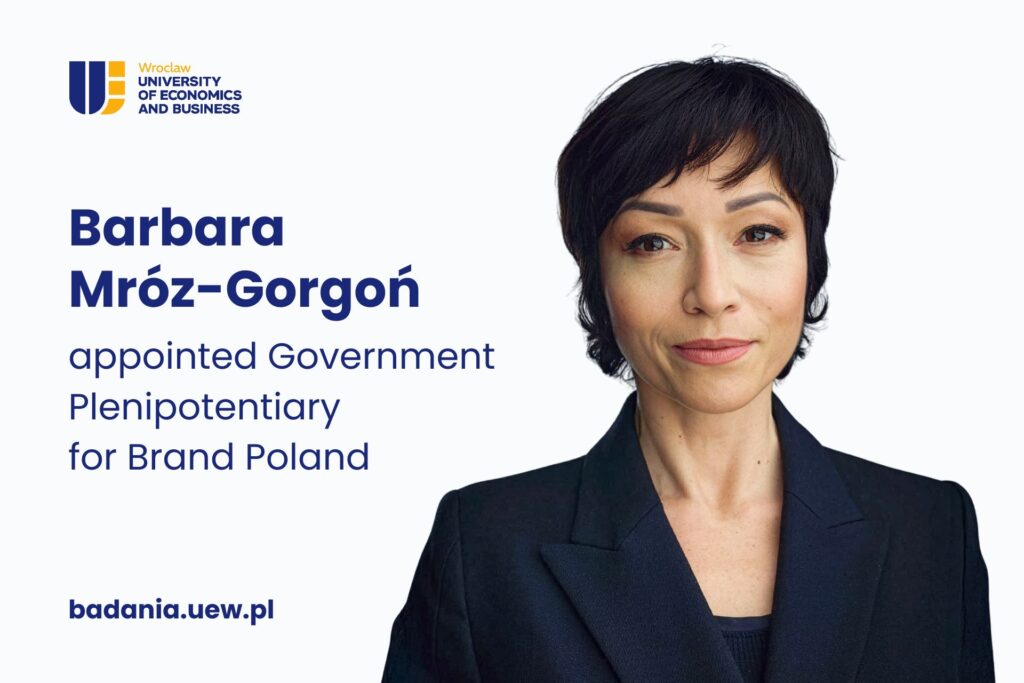 Decorative image. On the left, the UEW logo and the text: “Dr. Barbara Mróz-Gorgoń has been appointed Government Plenipotentiary for the Promotion of the Poland Brand.” On the right, a photograph of Prof. Barbara Mróz-Gorgoń.