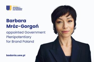 Decorative image. On the left, the UEW logo and the text: “Dr. Barbara Mróz-Gorgoń has been appointed Government Plenipotentiary for the Promotion of the Poland Brand.” On the right, a photograph of Prof. Barbara Mróz-Gorgoń.