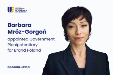 Decorative image. On the left, the UEW logo and the text: “Dr. Barbara Mróz-Gorgoń has been appointed Government Plenipotentiary for the Promotion of the Poland Brand.” On the right, a photograph of Prof. Barbara Mróz-Gorgoń.