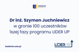 napis na grafice: Dr inż Szymon Juchniewicz w gronie 100 uczestników 1szej fazy programu LIDER UP