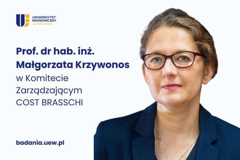 Obrazek dekoracyjny. Na białym tle po lewej stronie logo UEW oraz granatowe napisy: Prof. dr hab. Małgorzata Krzywonos w komitecie zarządzającym COST BRASSCHI; badania.uew.pl. Po prawej stronie zdjęcie Pani Profesor