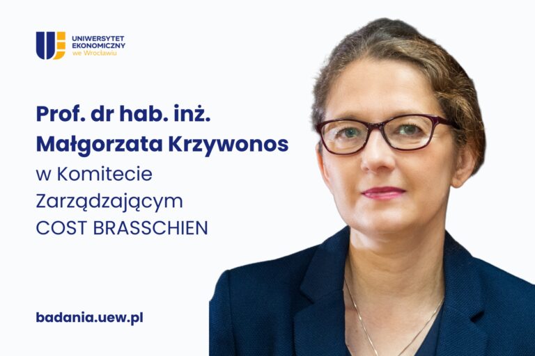 Obrazek dekoracyjny. Na białym tle po lewej stronie logo UEW oraz granatowe napisy: Prof. dr hab. Małgorzata Krzywonos w komitecie zarządzającym COST BRASSCHIEN; badania.uew.pl. Po prawej stronie zdjęcie Pani Profesor