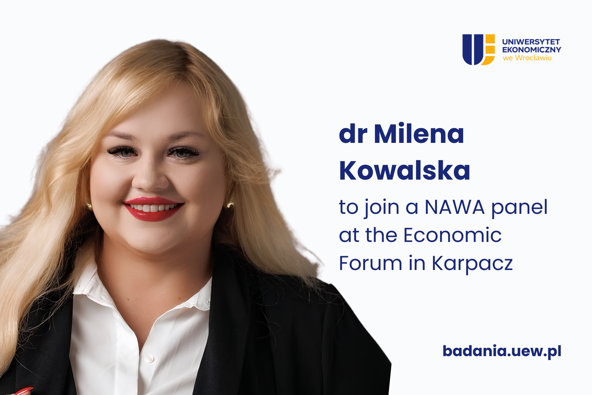 Dr Milena Kowalska with the text: “Dr Milena Kowalska at the NAWA panel during the 2026 Economic Forum in Karpacz.”