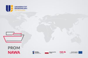 obrazek dekoracyjny. W tle mapa świata. Z terenu Polski rozchodzące strzałki na świat oraz loga UEW, PROM NAWA, Funduszy Europejskich, Rzeczpospolitej Polskiej, NAWA oraz Unii Europejskiej