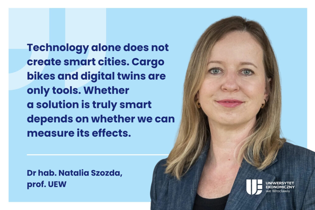 Decorative image. On the right, a photo of Natalia Szozda. On the left, a quote from the article: " Technology alone does not create smart cities. Cargo bikes and digital twins are only tools. Whether a solution is truly smart depends on whether we can measure its effects." – Dr. hab. Natalia Szozda, Prof. UEW.