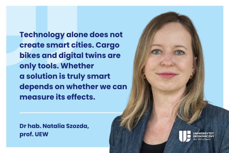 Decorative image. On the right, a photo of Natalia Szozda. On the left, a quote from the article: " Technology alone does not create smart cities. Cargo bikes and digital twins are only tools. Whether a solution is truly smart depends on whether we can measure its effects." – Dr. hab. Natalia Szozda, Prof. UEW.