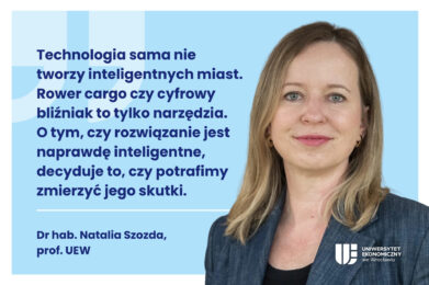 Obrazek dekoracyjny. Po prawej stronie zdjęcie Natalii Szozdy. Po lewej stronie cytat z artykułu: Technologia sama nie tworzy inteligentnych miast. Rower cargo czy cyfrowy bliźniak to tylko narzędzia. O tym, czy rozwiązanie jest naprawdę inteligentne, decyduje to, czy potrafimy zmierzyć jego skutki. Dr hab. Natalia, Szozda, prof. UEW.