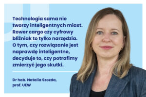 Obrazek dekoracyjny. Po prawej stronie zdjęcie Natalii Szozdy. Po lewej stronie cytat z artykułu: Technologia sama nie tworzy inteligentnych miast. Rower cargo czy cyfrowy bliźniak to tylko narzędzia. O tym, czy rozwiązanie jest naprawdę inteligentne, decyduje to, czy potrafimy zmierzyć jego skutki. Dr hab. Natalia, Szozda, prof. UEW.