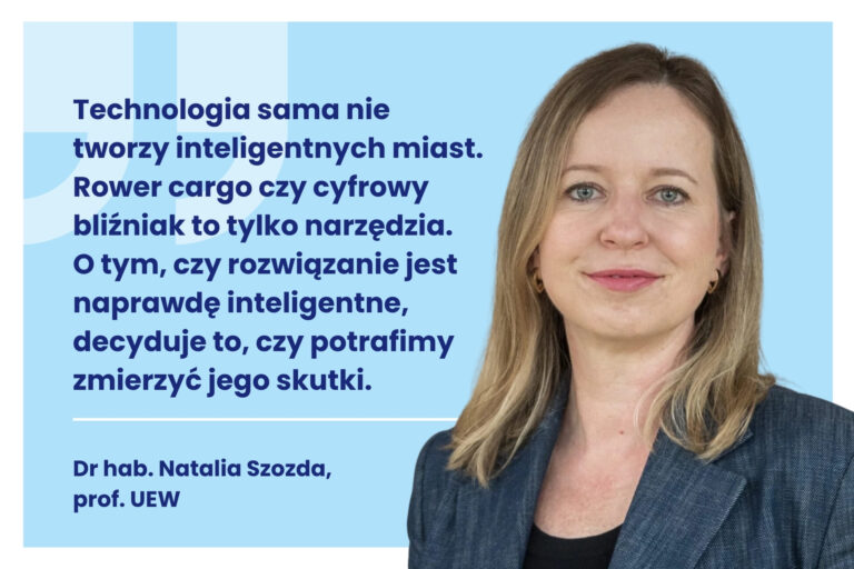 Obrazek dekoracyjny. Po prawej stronie zdjęcie Natalii Szozdy. Po lewej stronie cytat z artykułu: Technologia sama nie tworzy inteligentnych miast. Rower cargo czy cyfrowy bliźniak to tylko narzędzia. O tym, czy rozwiązanie jest naprawdę inteligentne, decyduje to, czy potrafimy zmierzyć jego skutki. Dr hab. Natalia, Szozda, prof. UEW.